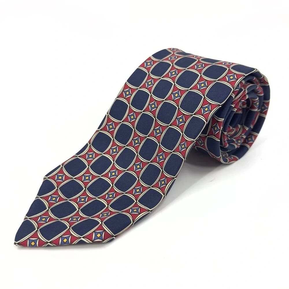 Polo Ralph Lauren Vintage Silk Tie Blue Red Yellow Cream Geometric Made In USA